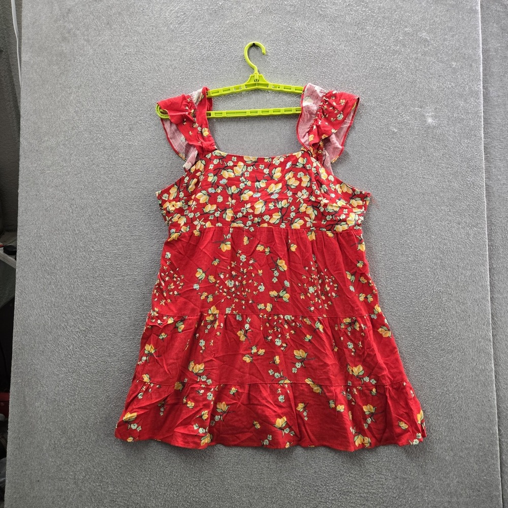 Lauren Conrad Women Dress XXL Red Linen Polyester Floral Fit & Flare Ruffle Sun